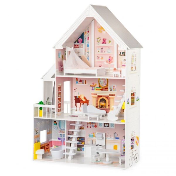 Grande Casa delle Bambole in Legno XXL 126cm con 15 Mobili Colorati per Bambine