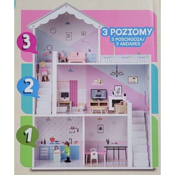 Dollhouse in legno Elefun a due piani con accessori e campanello 80 cm