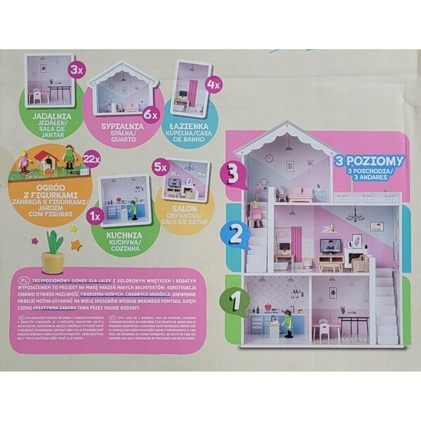 Dollhouse in legno Elefun a due piani con accessori e campanello 80 cm