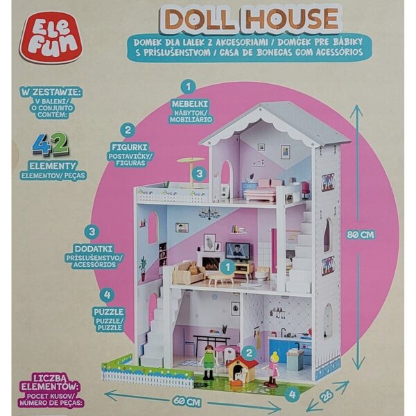 Dollhouse in legno Elefun a due piani con accessori e campanello 80 cm