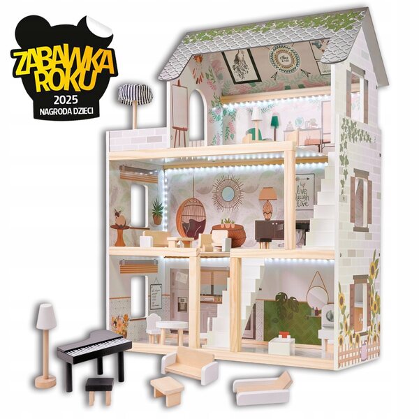 Großes Puppenhaus aus Holz mit LED und pastellfarbenem Dekor im Boho-Stil