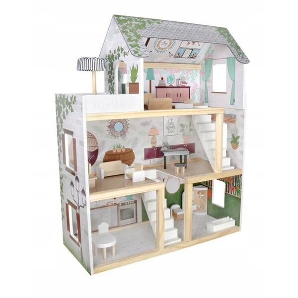 Großes Puppenhaus aus Holz mit LED und pastellfarbenem Dekor im Boho-Stil