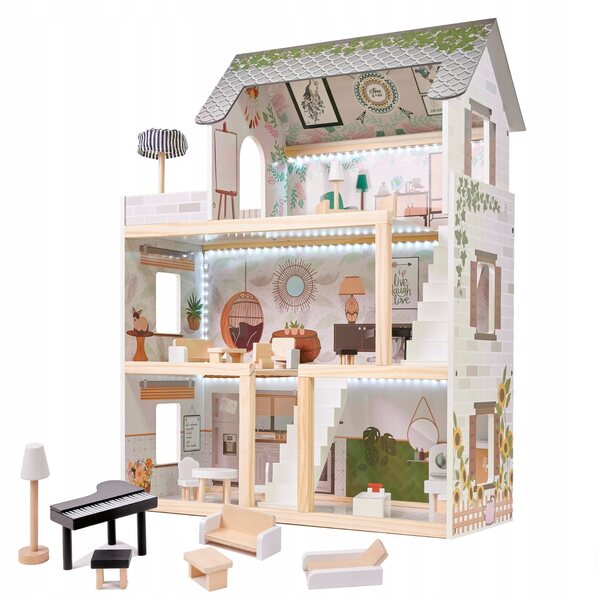 Großes Puppenhaus aus Holz mit LED und pastellfarbenem Dekor im Boho-Stil