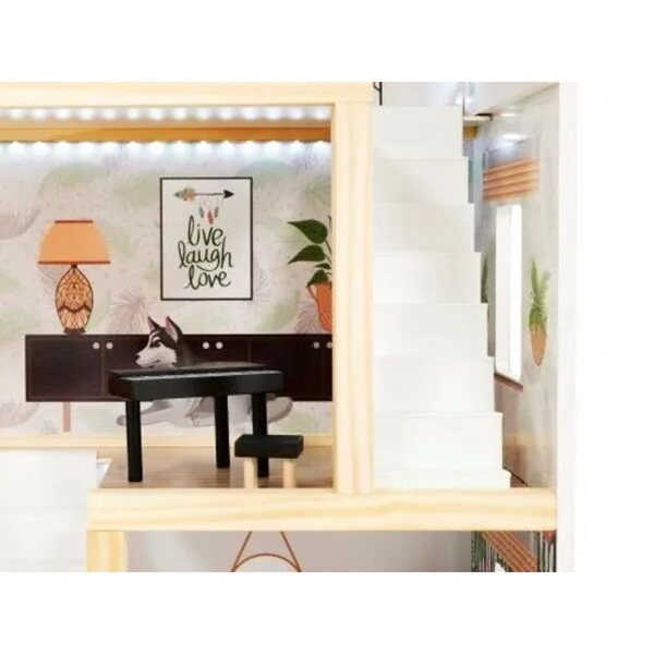 Großes Puppenhaus aus Holz mit LED und pastellfarbenem Dekor im Boho-Stil