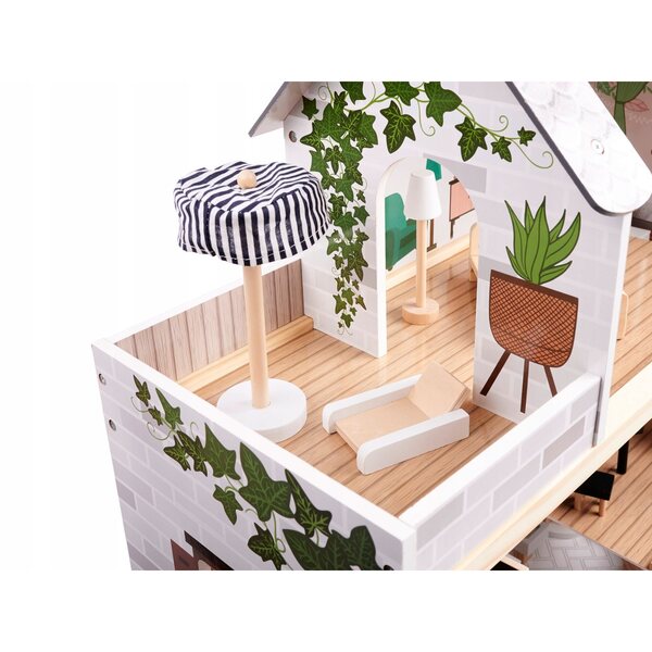 Großes Puppenhaus aus Holz mit LED und pastellfarbenem Dekor im Boho-Stil