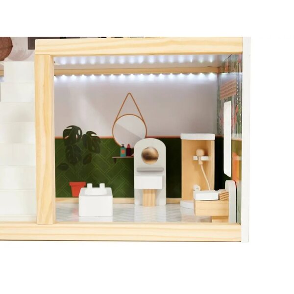 Großes Puppenhaus aus Holz mit LED und pastellfarbenem Dekor im Boho-Stil