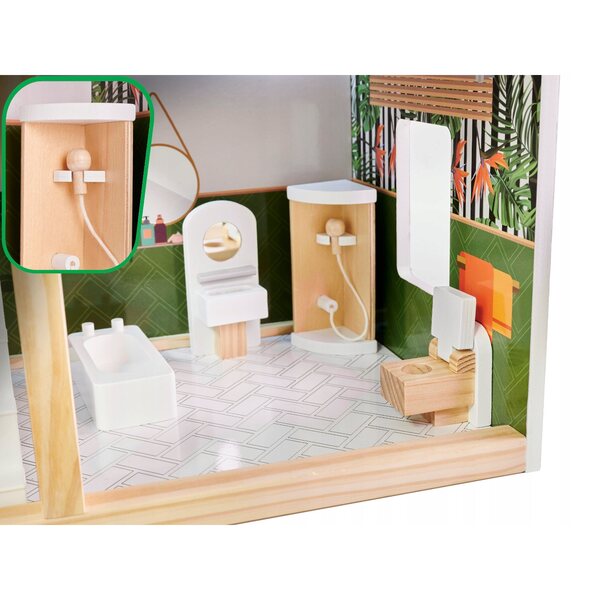 Großes Puppenhaus aus Holz mit LED und pastellfarbenem Dekor im Boho-Stil