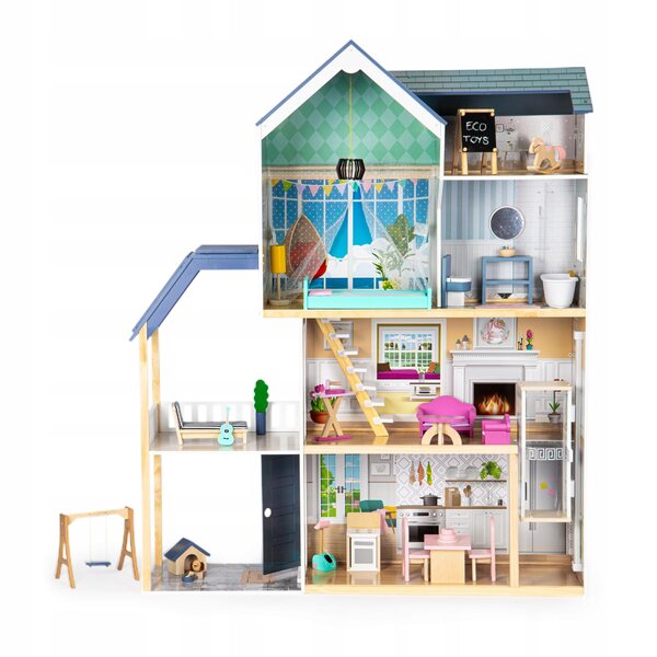 Dollhouse XXL Ecotoys 138,5 cm con 28 accessori in legno per bambini 3+