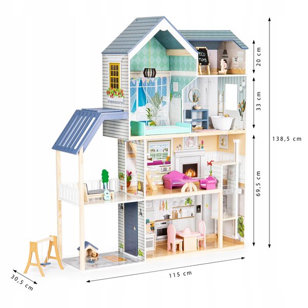Dollhouse XXL Ecotoys 138,5 cm con 28 accessori in legno per bambini 3+