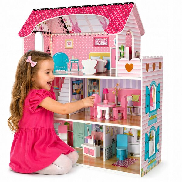 Dollhouse in Legno LED con Mobili e Terrazza per Bambini da 3 Anni