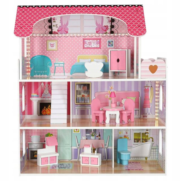 Dollhouse in Legno LED con Mobili e Terrazza per Bambini da 3 Anni