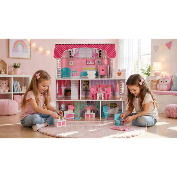 Dollhouse in Legno LED con Mobili e Terrazza per Bambini da 3 Anni