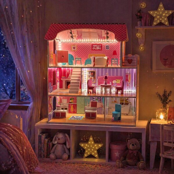 Dollhouse in Legno LED con Mobili e Terrazza per Bambini da 3 Anni