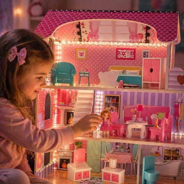 Dollhouse in Legno LED con Mobili e Terrazza per Bambini da 3 Anni