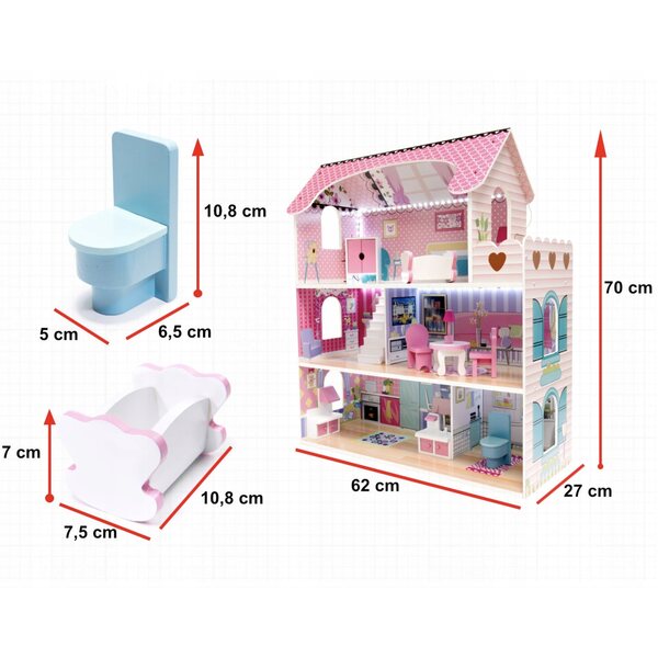 Dollhouse in Legno LED con Mobili e Terrazza per Bambini da 3 Anni