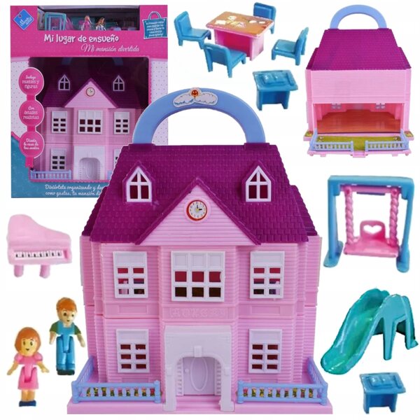 Casa delle bambole pieghevole con giardino, scuola, parco giochi e piscina, set con mobili e bambole