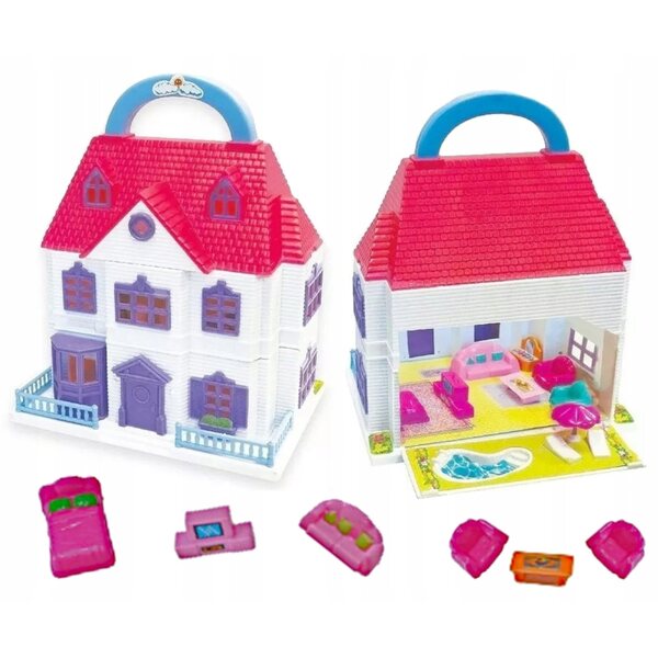 Casa delle bambole pieghevole con giardino, scuola, parco giochi e piscina, set con mobili e bambole