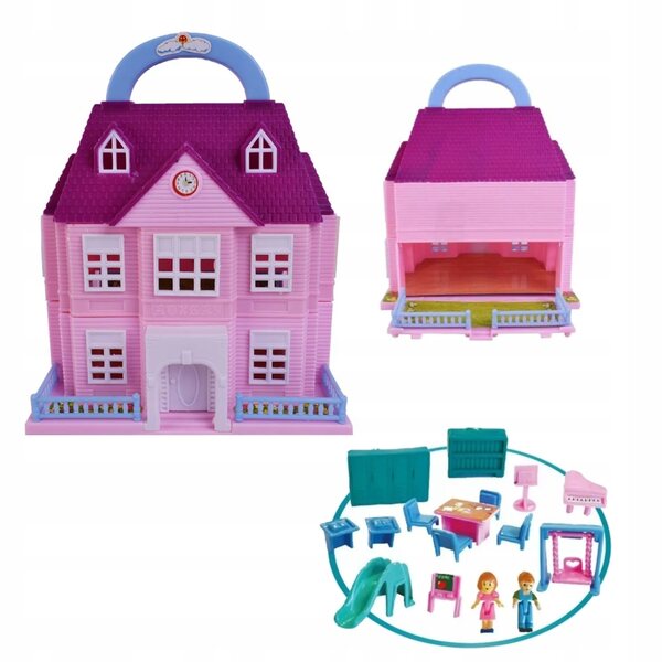 Casa delle bambole pieghevole con giardino, scuola, parco giochi e piscina, set con mobili e bambole