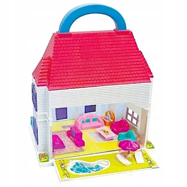 Casa delle bambole pieghevole con giardino, scuola, parco giochi e piscina, set con mobili e bambole