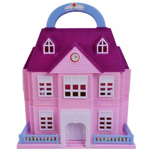 Casa delle bambole pieghevole con giardino, scuola, parco giochi e piscina, set con mobili e bambole