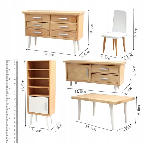 Set 6 Mobili in Legno 1:12 per Casa delle Bambole - Tavolo, Sedie e Armadi