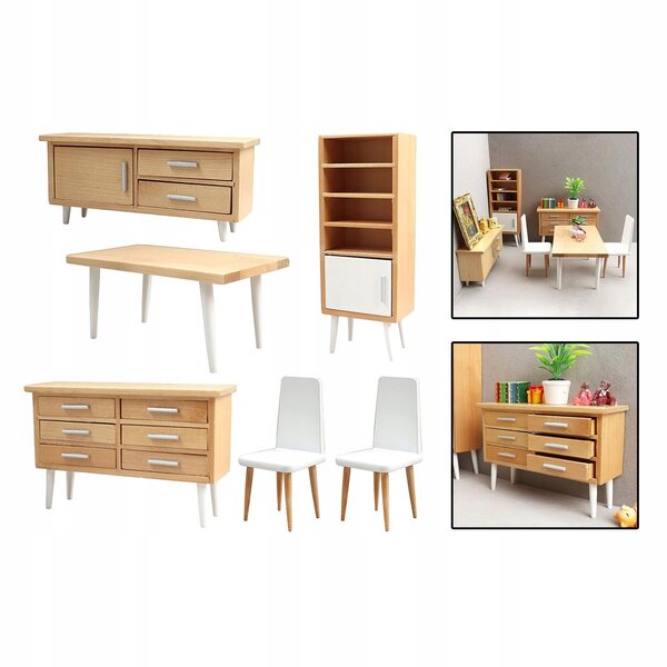 Set 6 Mobili in Legno 1:12 per Casa delle Bambole - Tavolo, Sedie e Armadi