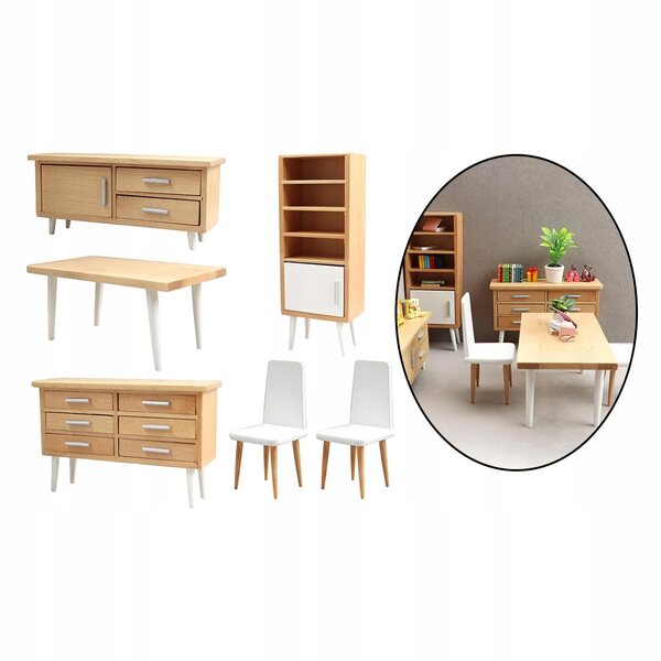 Set 6 Mobili in Legno 1:12 per Casa delle Bambole - Tavolo, Sedie e Armadi