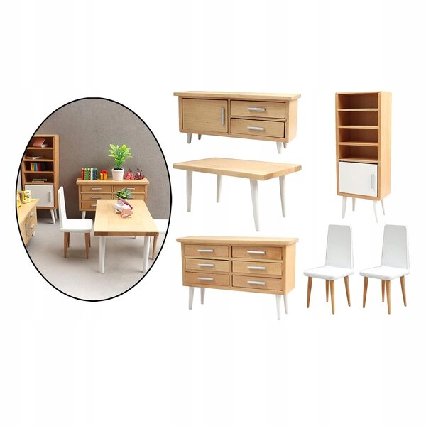 Set 6 Mobili in Legno 1:12 per Casa delle Bambole - Tavolo, Sedie e Armadi