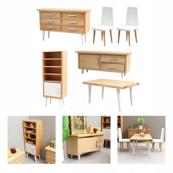 Set 6 Mobili in Legno 1:12 per Casa delle Bambole - Tavolo, Sedie e Armadi