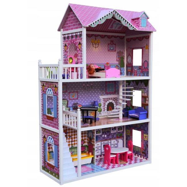 3-stöckiges Puppenhaus aus Holz mit Möbeln und LED-Leuchten für Kinder ab 3 Jahren