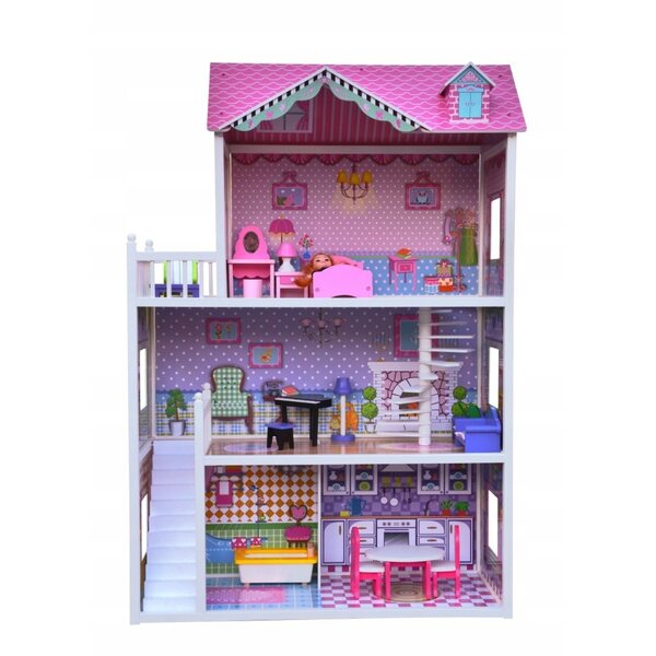 3-stöckiges Puppenhaus aus Holz mit Möbeln und LED-Leuchten für Kinder ab 3 Jahren