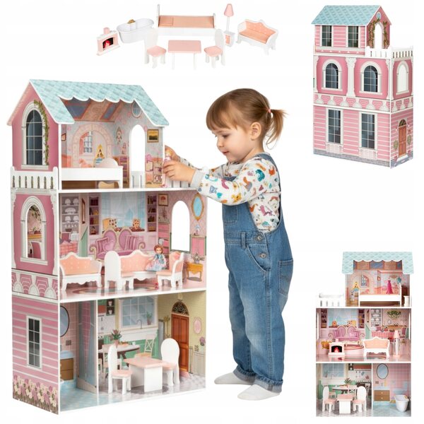 Geräumiges, großes dreistöckiges Puppenhaus mit 9 Möbeln, 92 cm hoch
