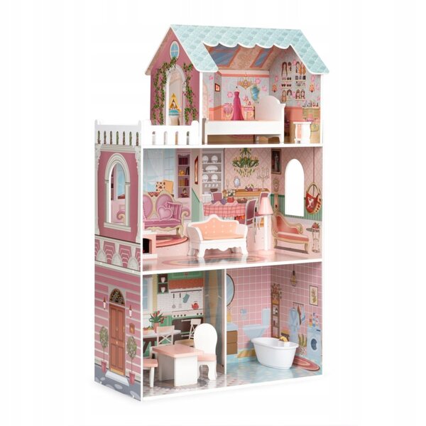 Geräumiges, großes dreistöckiges Puppenhaus mit 9 Möbeln, 92 cm hoch