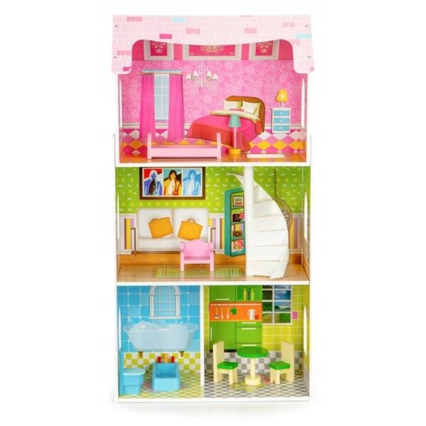 Ecotoys Casa delle bambole in legno 3 piani con 8 mobili rimovibili 93x48x24 cm