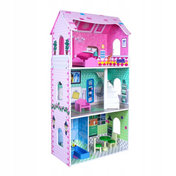 Ecotoys Casa delle bambole in legno 3 piani con 8 mobili rimovibili 93x48x24 cm