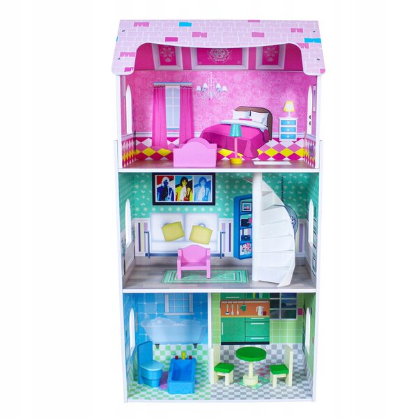 Ecotoys Casa delle bambole in legno 3 piani con 8 mobili rimovibili 93x48x24 cm