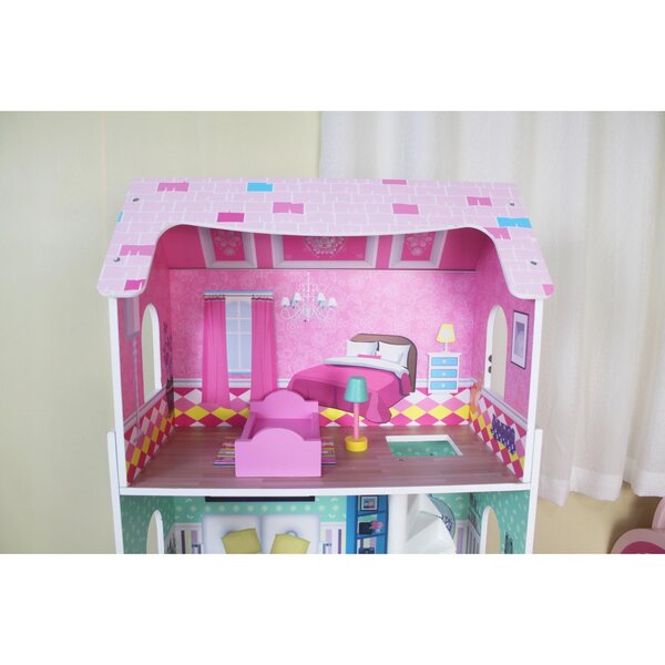 Ecotoys Casa delle bambole in legno 3 piani con 8 mobili rimovibili 93x48x24 cm