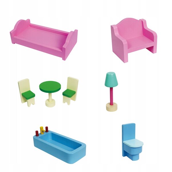 Ecotoys Casa delle bambole in legno 3 piani con 8 mobili rimovibili 93x48x24 cm