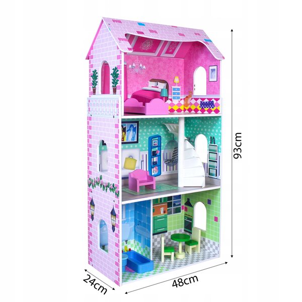 Ecotoys Casa delle bambole in legno 3 piani con 8 mobili rimovibili 93x48x24 cm