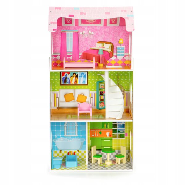 Ecotoys Casa delle bambole in legno 3 piani con 8 mobili rimovibili 93x48x24 cm