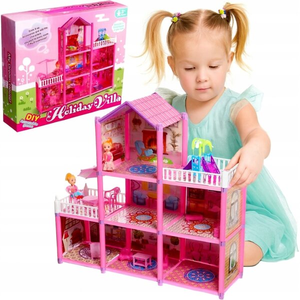 Grande Casa delle Bambole Picollo Emilia con 6 Stanze e 2 Terrazze Rosa