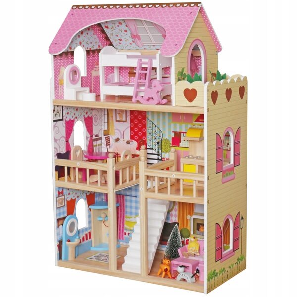 Casa delle bambole in legno, 3 livelli, con LED, 3 bambole, mobili e animali