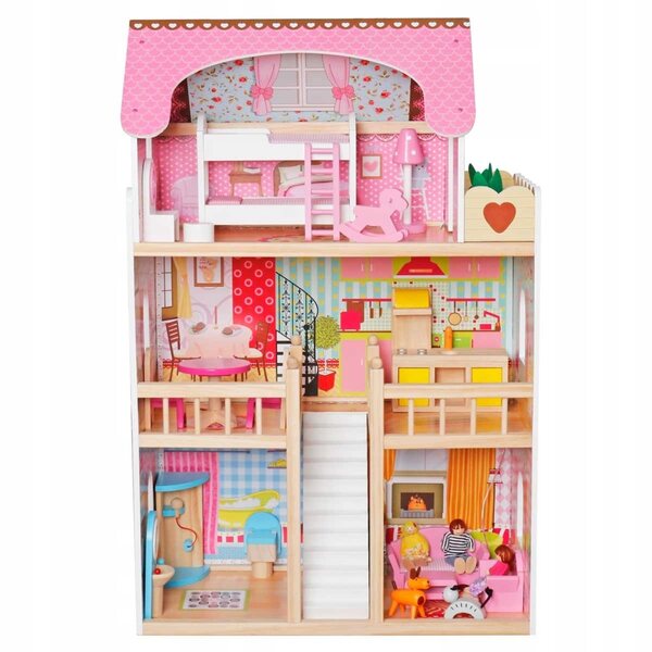Casa delle bambole in legno, 3 livelli, con LED, 3 bambole, mobili e animali