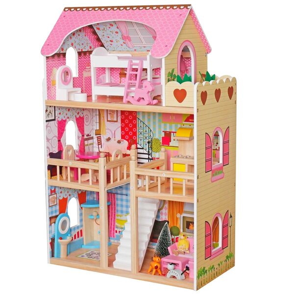 Casa delle bambole in legno, 3 livelli, con LED, 3 bambole, mobili e animali