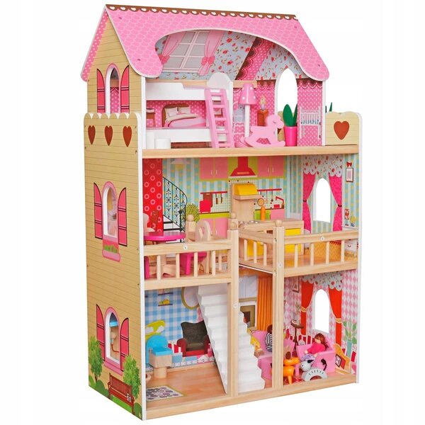 Casa delle bambole in legno, 3 livelli, con LED, 3 bambole, mobili e animali