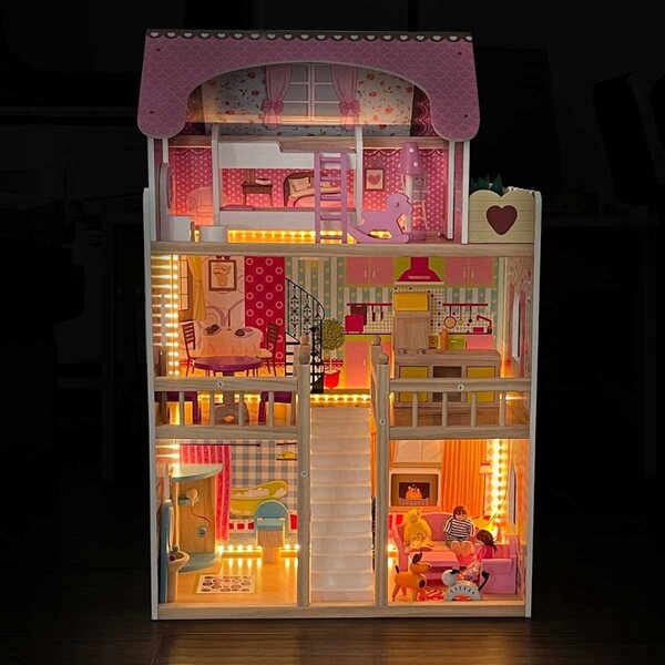 Casa delle bambole in legno, 3 livelli, con LED, 3 bambole, mobili e animali