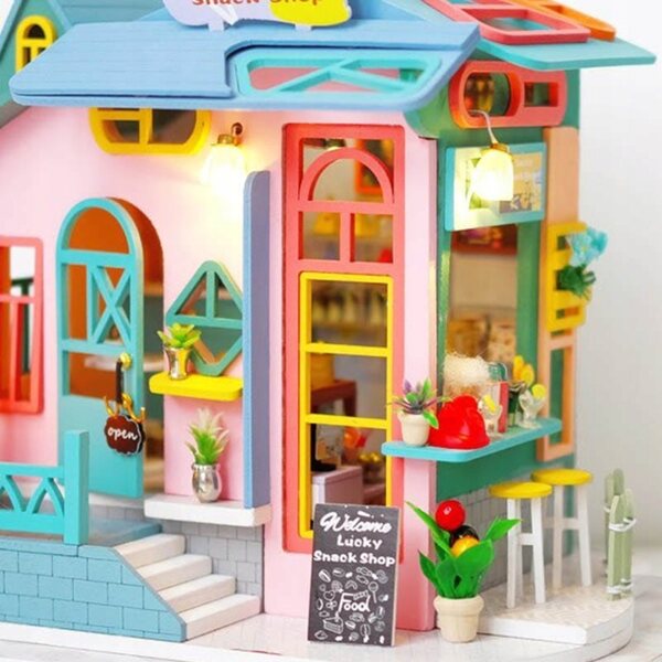 Habarri 21 cm großes Puppenhaus mit LED-Beleuchtung und Holzelementen