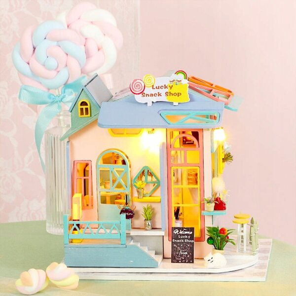 Habarri 21 cm großes Puppenhaus mit LED-Beleuchtung und Holzelementen