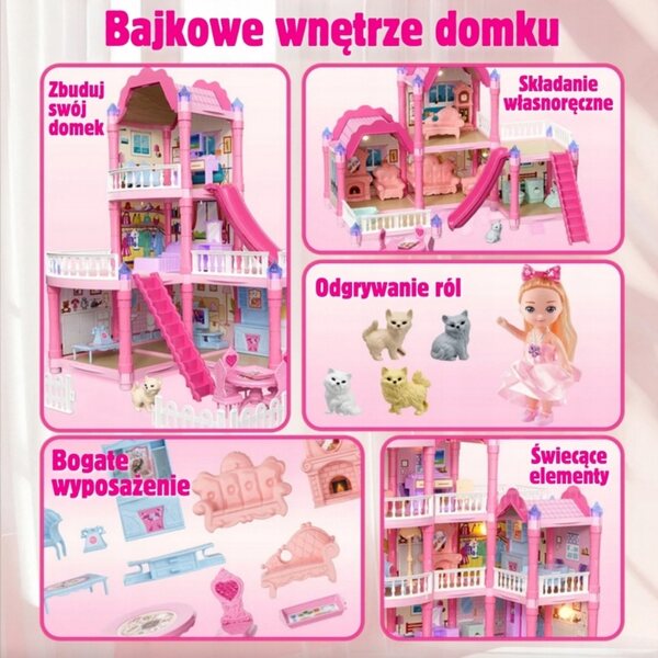 Woopies Puppenhaus-Villa mit 296 Zubehörteilen und rosafarbener Nachtbeleuchtung