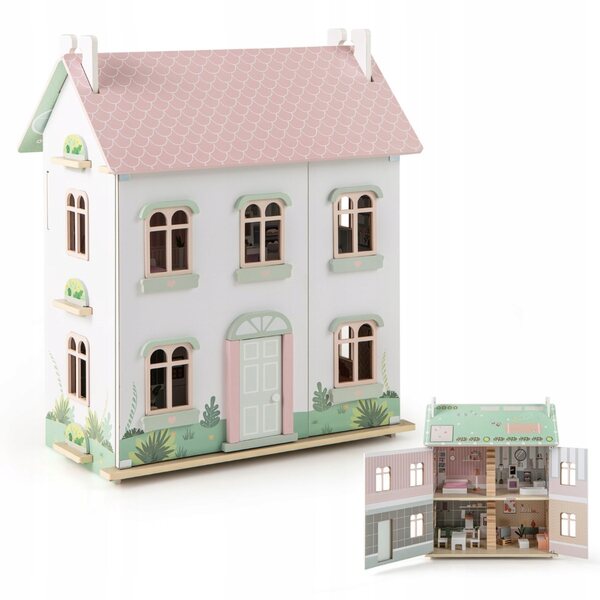 Costway 3-stöckiges Puppenhaus aus Holz mit farbenfrohen Möbeln und Accessoires, 66 cm